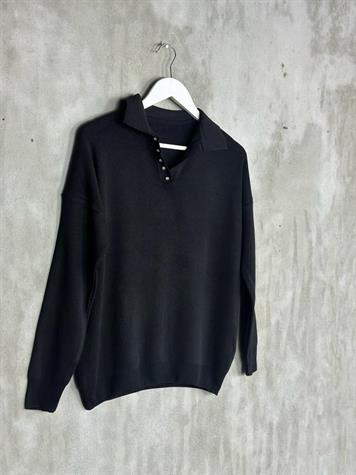 Polo Yaka Kristal Taş İşçilikli Merserize  Kadın Kazak (Siyah)