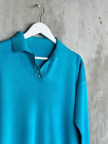 Polo Yaka Kristal Taş İşçilikli Merserize Kadın Kazak (Turkuaz)