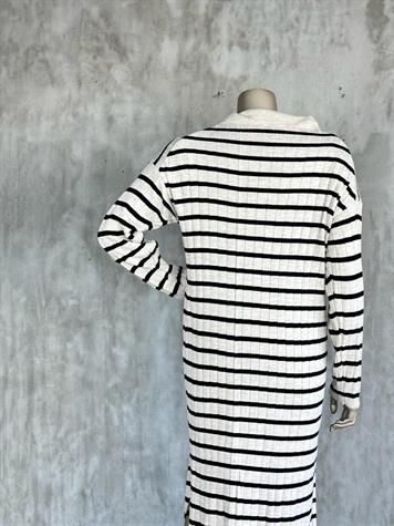 Polo Yaka Siyah Çizgili Triko Elbise (Bej)