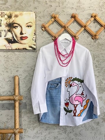 Poplin Dokuma Nakışlı Flamingo Gömlek (Beyaz)