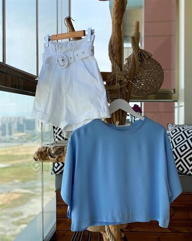 Poplin Kumaş Geniş Kol Bluz (BEBE MAVİSİ)