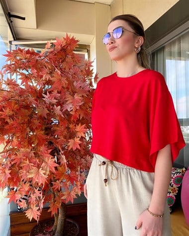Poplin Kumaş Geniş Kol Bluz (KIRMIZI)