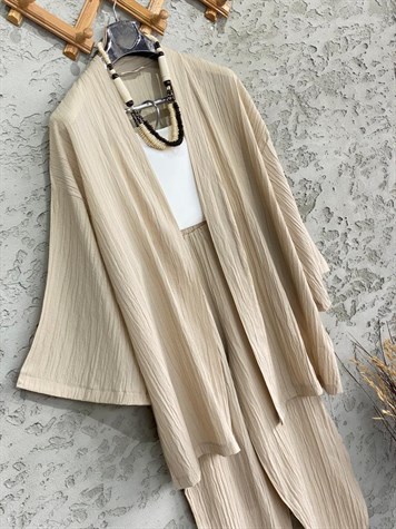 Premium Kalite Gofre Kimono Takım Bej