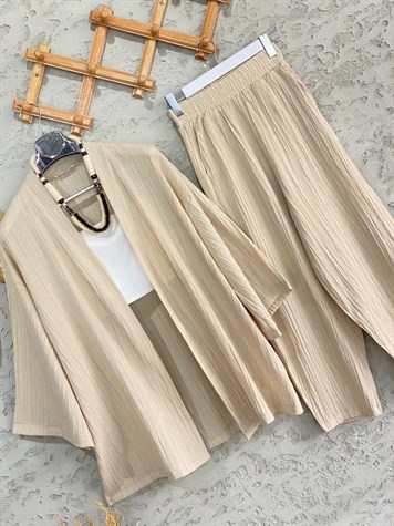 Premium Kalite Gofre Kimono Takım Bej