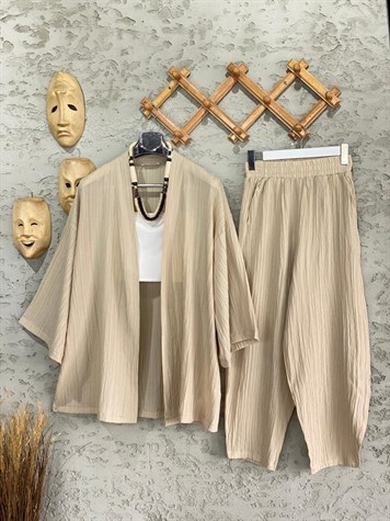 Premium Kalite Gofre Kimono Takım Bej