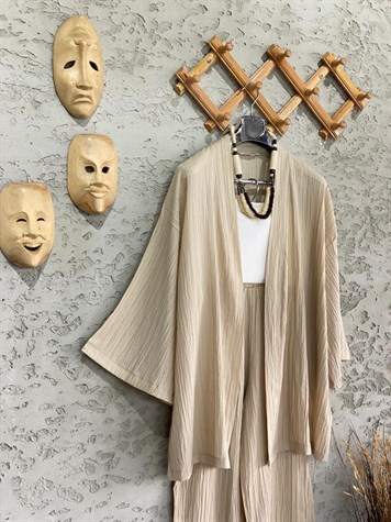 Premium Kalite Gofre Kimono Takım Bej