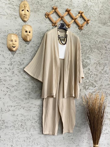 Premium Kalite Gofre Kimono Takım Bej
