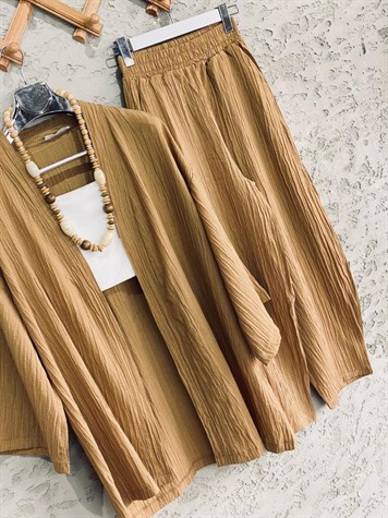 Premium Kalite Gofre Kimono Takım Camel