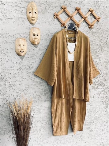 Premium Kalite Gofre Kimono Takım Camel