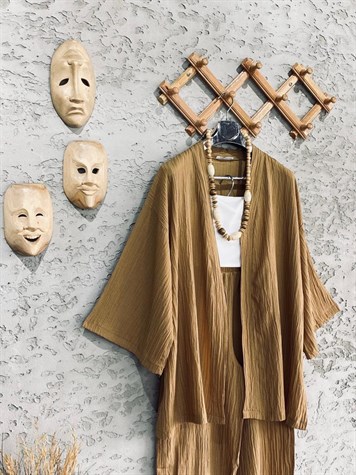 Premium Kalite Gofre Kimono Takım Camel