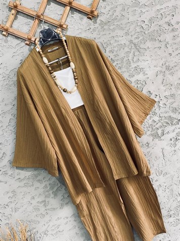 Premium Kalite Gofre Kimono Takım Camel