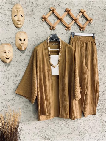 Premium Kalite Gofre Kimono Takım Camel