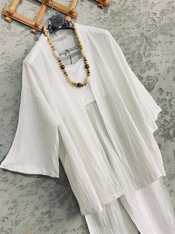 Premium Kalite Gofre Kimono Takım Ekru