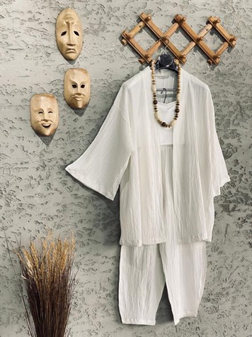 Premium Kalite Gofre Kimono Takım Ekru