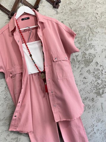 Pudra Çift Cep Detaylı Önü Çıtçıtlı Polo Yaka Gömlek Ve Pantolon Niera Takım