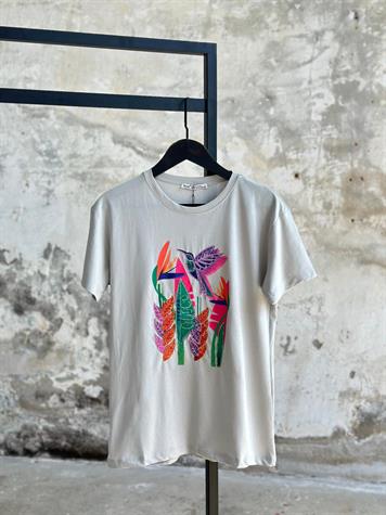 Pul Payet İşçilikli Kuş Desenli Tişört (Pembe/Gri/Beyaz)