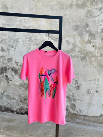 Pul Payet İşçilikli Kuş Desenli Tişört (Pembe/Gri/Beyaz)