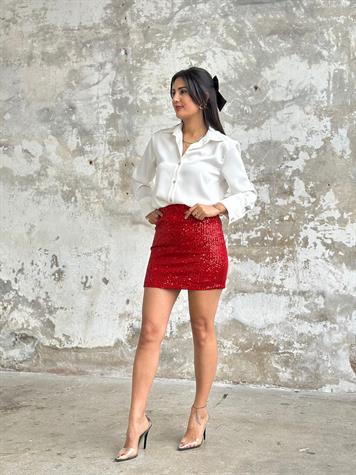 Pul Payet İşçilikli Mini Etek (Kırmızı)