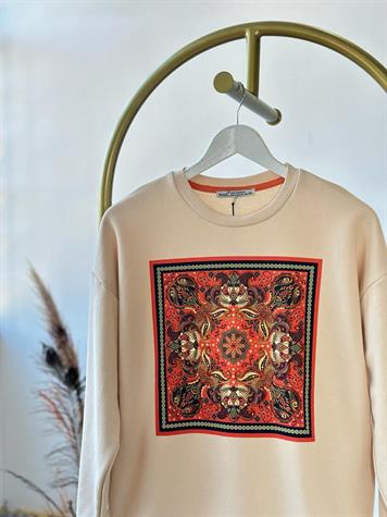 Pul Payet İşlemeli Etnik Desenli Sweat (Bej)