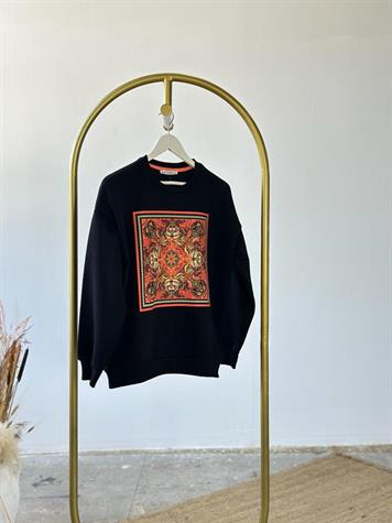 Pul Payet İşlemeli Etnik Desenli Sweat (Siyah)