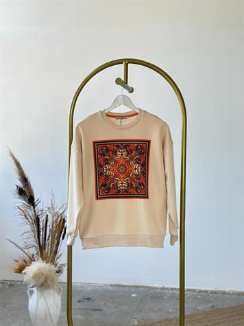 Pul Payet İşlemeli Etnik Desenli Sweat (Bej)