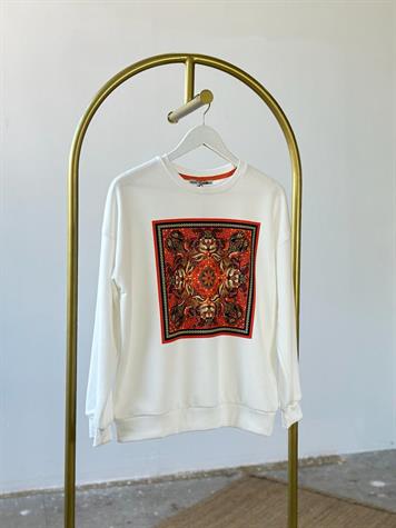 Pul Payet İşlemeli Etnik Desenli Sweat (Beyaz)