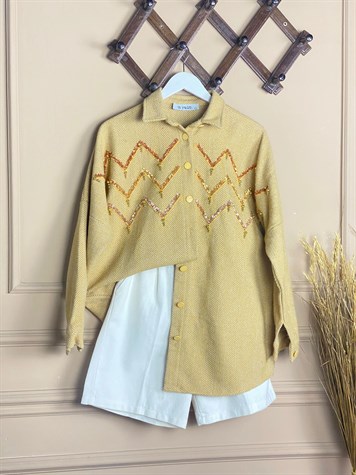 Pul Payet İşlemeli Oversize Kaşe Gömlek (Hardal)