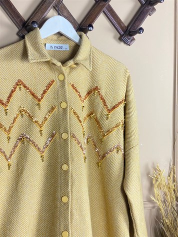 Pul Payet İşlemeli Oversize Kaşe Gömlek (Hardal)