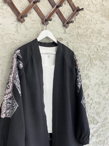 Pul Payet İşlemeli Siyah Keten Kimono