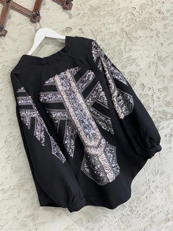 Pul Payet İşlemeli Siyah Keten Kimono