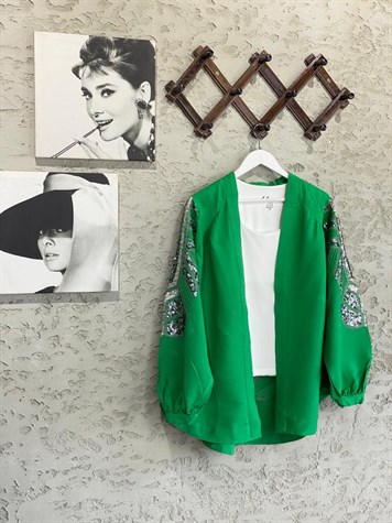 Pul Payet İşlemeli Yeşil Keten Kimono