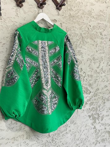Pul Payet İşlemeli Yeşil Keten Kimono