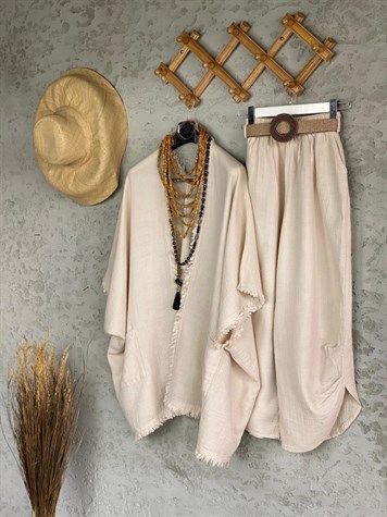 Püsküllü Kimono Pantolon Takım (Ekru)