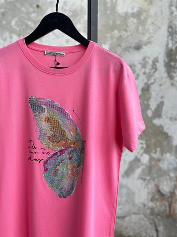 Renk Geçişli Kristal Taş İşlemeli Kelebek Desen Tişört (Pembe)