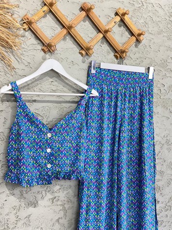 Renk Şeritli Askılı Bluz ve Beli Lastikli Bol Paça Pantolon Takım (Mavi)