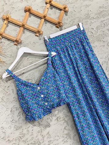 Renk Şeritli Askılı Bluz ve Beli Lastikli Bol Paça Pantolon Takım (Mavi)
