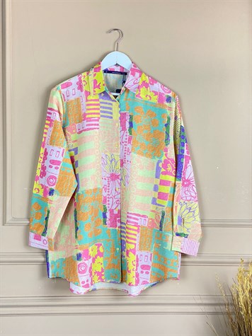 Renkli Çeşit Baskılı Keten Oversize Gömlek (Pembe)
