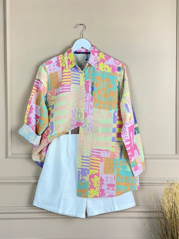 Renkli Çeşit Baskılı Keten Oversize Gömlek (Pembe)