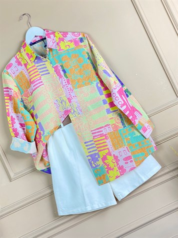 Renkli Çeşit Baskılı Keten Oversize Gömlek (Pembe)