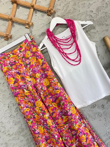 Renkli Çiçek Sulu Boya Baskılı Paça Yırtmaçlı Pantolon (Pembe)