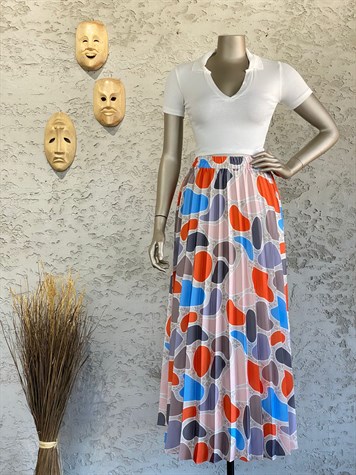 Renkli Dama Baskılı Beli Lastikli Maxi Boy Etek