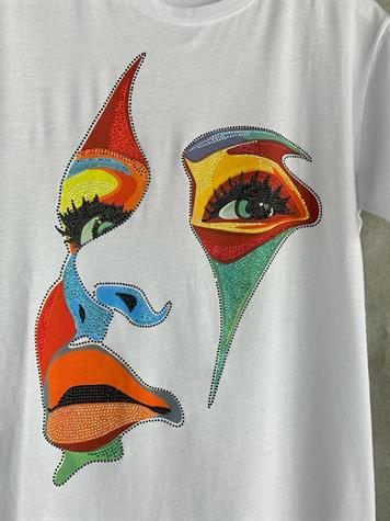 Renkli Silüet Desen Taş İşlemeli Tişört (Beyaz)