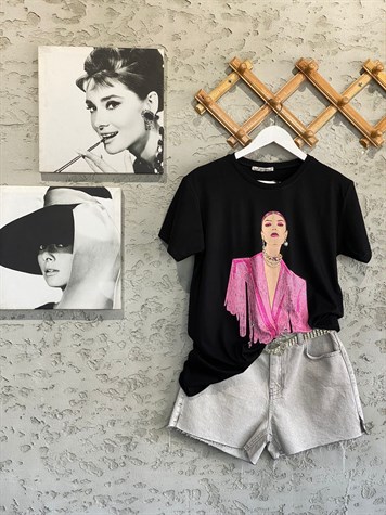 Kristal Taşlı Kolyeli Havalı Kız Tshirt (Siyah/Beyaz)