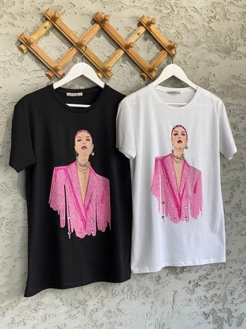 Kristal Taşlı Kolyeli Havalı Kız Tshirt (Siyah/Beyaz)