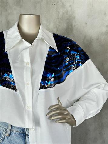 Saks Pul Payet İşlemeli Koton Kumaş Kadın Gömlek (Beyaz)