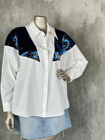 Saks Pul Payet İşlemeli Koton Kumaş Kadın Gömlek (Beyaz)