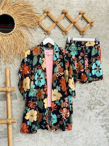 Sakura Çiçeği Desenli Kimono Şort Takım (Sarı)