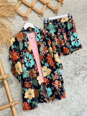 Sakura Çiçeği Desenli Kimono Şort Takım (Sarı)