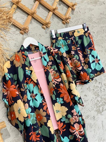 Sakura Çiçeği Desenli Kimono Şort Takım (Sarı)