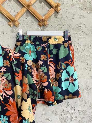 Sakura Çiçeği Desenli Kimono Şort Takım (Sarı)